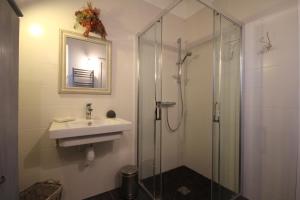 a bathroom with a sink and a glass shower at Gîtes de "La Haute Borde" in Le Pin-la-Garenne