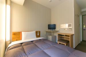 a bedroom with a bed and a desk and a television at R&B Hotel Kanazawa Station Nishiguchi in Kanazawa