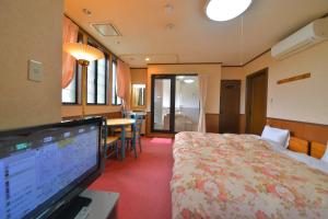 日光市にある日光自家源泉の宿 ホテルユーロシティのベッド1台、薄型テレビが備わるホテルルームです。