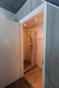 a walk in shower in a bathroom with a door at Holiday Home Odoorn in Odoorn