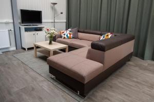 a living room with a brown couch and a table at Holiday Home Odoorn in Odoorn
