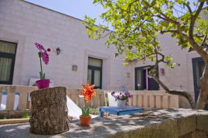 un giardino con fiori in vasi su una recinzione di Agriturismo Antares a San Foca