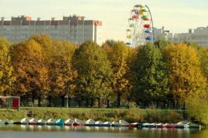 a bunch of boats sitting in the water with a ferris wheel at Yuzhno-Primorskiy Hotel in Saint Petersburg