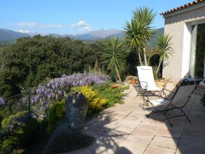 eine Terrasse mit 2 Stühlen und lila Blumen in der Unterkunft Chambre d'hote Casa Tozza in Porticcio