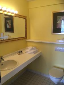 een badkamer met een wastafel, een toilet en een spiegel bij Hotel Schweriner Hof in Kühlungsborn