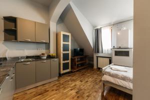 a kitchen with a sink and a counter top at YellowBoot Aparthotel in Sibiu