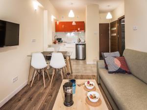 a living room with a couch and a table at Apartamenty Opal in Krynica Zdrój