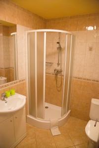 uma casa de banho com um chuveiro e um lavatório. em Hotel Centrum Harrachov em Harrachov