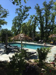 a swimming pool with chairs and umbrellas and a person at Belvillas in Montauroux