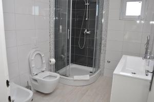 a bathroom with a shower and a toilet and a sink at Rooms Ive in Lozovac