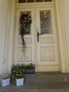 a white door with two flowers in front of it at Mladé Buky 261 in Mladé Buky