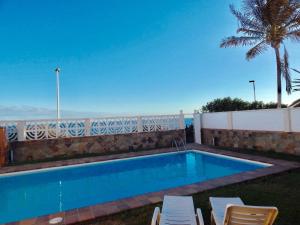 a swimming pool with chairs and a palm tree at Bungalow Paraiso El Mar 3 in San Agustin