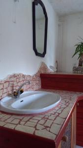 a bathroom with a sink and a mirror on a counter at Apartment Sonca in Bled