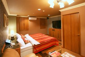 um quarto de hotel com uma cama e uma televisão em Aura Kanku (Adult Only) em Sennan