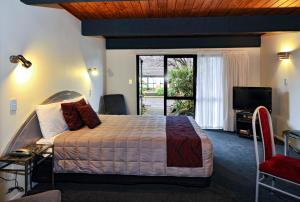 1 dormitorio con 1 cama, TV y ventana en Wylie Court Motor Lodge en Rotorua