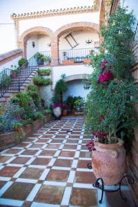 un patio con flores y plantas en un edificio en Hotel Rural Andalucia en Sierra de Yeguas