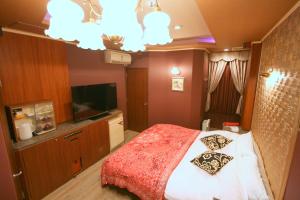 une chambre avec un lit et une télévision à écran plat dans l'établissement SARI Resort Kawanishi (Adult Only), à Kawanishi 2 autres photos
