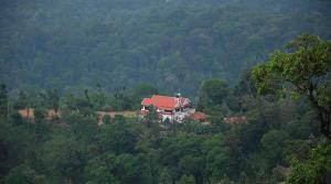 a house with a red roof in the middle of a forest at Abiyal Mountain Stay in Madikeri
