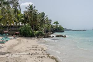 a beach with chairs and palm trees and the ocean at Résidence de la Vielle Tour - Studio particulier vue mer in Le Gosier