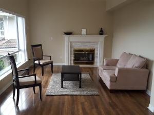a living room with a couch and a fireplace at Emperial Suites in North Vancouver
