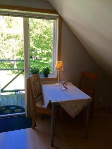 a table with a lamp on it next to a window at Gånarps rum och Stuguthyrning in Ängelholm