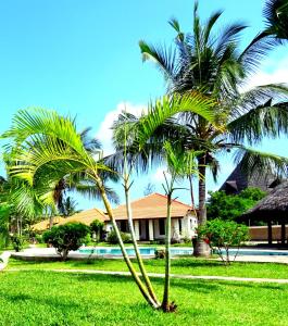 a couple of palm trees in front of a house at Doric Cottages Diani in Diani Beach