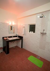 W łazience znajduje się umywalka i prysznic. w obiekcie Hotel Spring w mieście Pokhara