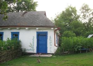 ein Haus mit einer blauen Tür und einer Katze im Hof in der Unterkunft Kалиновий Kущ in Dmitrenki