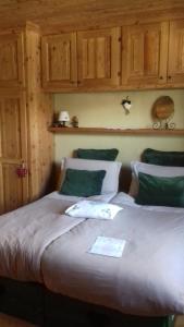1 dormitorio con 2 camas y almohadas verdes y blancas en B&B Petit, en Sauze dʼOulx