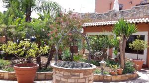 a garden with a fountain and trees and plants at Villa Salvatore in San Leone