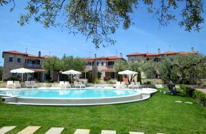 einen Pool im Garten mit Stühlen und Sonnenschirmen in der Unterkunft Kassandra Villas in Chaniotis
