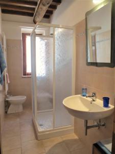 ロッカストラーダにあるAgriturismo L'Albaのバスルーム(シャワー、洗面台、トイレ付)