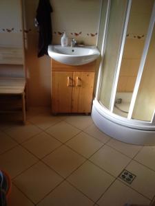 a bathroom with a sink and a shower at Melluzi chalet in Jūrmala +30 photos