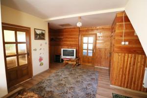 a living room with wooden walls and a television at Agroturystyka Tyniok in Koniaków