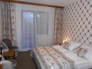 um quarto de hotel com uma cama e uma janela em Hotel Bitov em Bítov