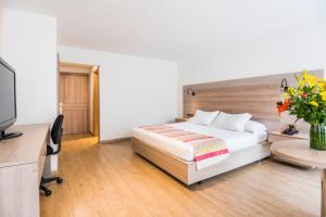 a bedroom with a bed and a desk and a television at Hotel Rosales Plaza in Bogotá