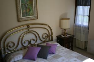 ティニャーレにあるLa finestra sul Lagoのベッドルーム1室(紫色の枕が付いたベッド1台付)