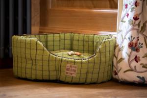 a green dog bed with a toy in it at Mingary Castle - Restaurant with Rooms in Kilchoan