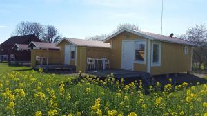 una pequeña casa amarilla en un campo de flores en Mellomgården, en Norra Lundby