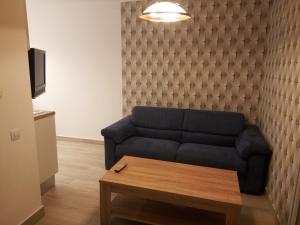 a living room with a blue couch and a coffee table at Lexy's Apartment in Braşov