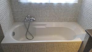 a bath tub with a shower in a bathroom at Mansarda Stefania in Ameglia