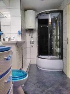uma casa de banho com um chuveiro, um WC e um lavatório. em Apartment Anthea em Opatija