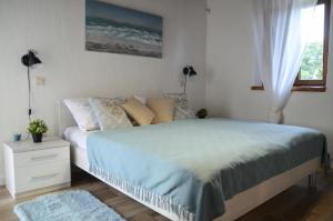 a bedroom with a bed with blue sheets and a window at Villa Harmony in Paradise in Svetvinčenat +31 photos