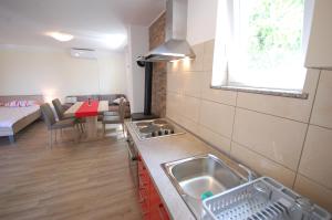 uma cozinha com um lavatório e uma mesa com uma sala de jantar em Apartment Bazdaric em Sveti Vid-Miholjice