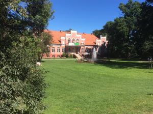 a large house with a fountain in the middle of a field at Apartament Bukowy in Wejherowo