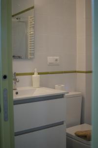 a bathroom with a sink and a mirror and a toilet at Las Casinas de la Granda in Nueva de Llanes