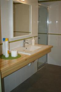 a bathroom sink with a mirror and a shower at Las Casinas de la Granda in Nueva de Llanes