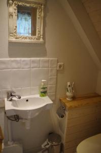 Ööbiku Holiday House في Antsla: حمام مع حوض ومرآة