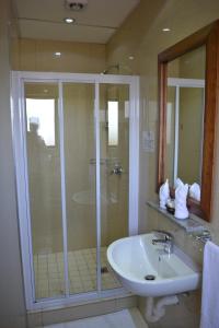 a bathroom with a shower and a white sink at Mesami Hotel in Durban