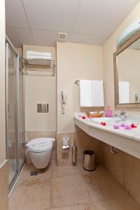 ein Bad mit einem WC, einem Waschbecken und einer Dusche in der Unterkunft Remi Hotel in Alanya